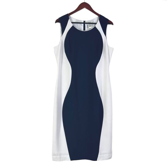 J Peterman Sleeveless Mini Sheath Dress in Navy Blue White Colorblock - Picture 1 of 5